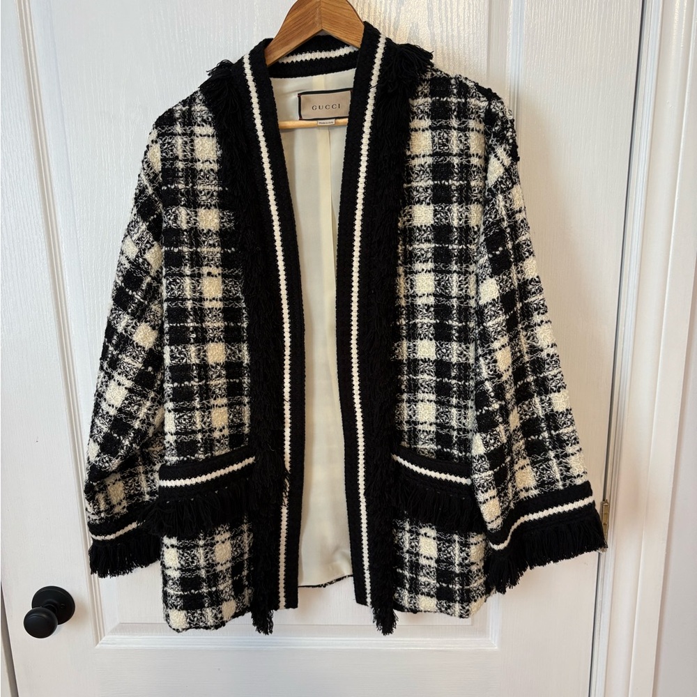 Gucci Black and White Plaid Blazer with Contrasting Collar.  Made in Italy
